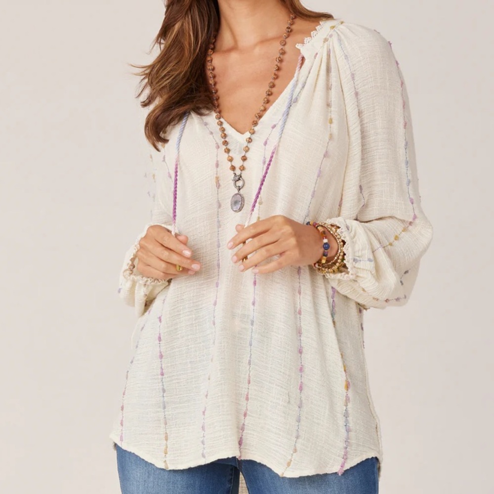 Democracy Cream Peasant Blouse with Pastel Stripe Accents